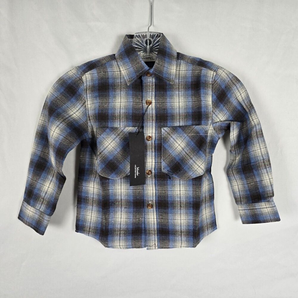 Mcedar Button Down Boys 3-4 Y Blue Gray White Plaid Pockets Button Cuffs NWT